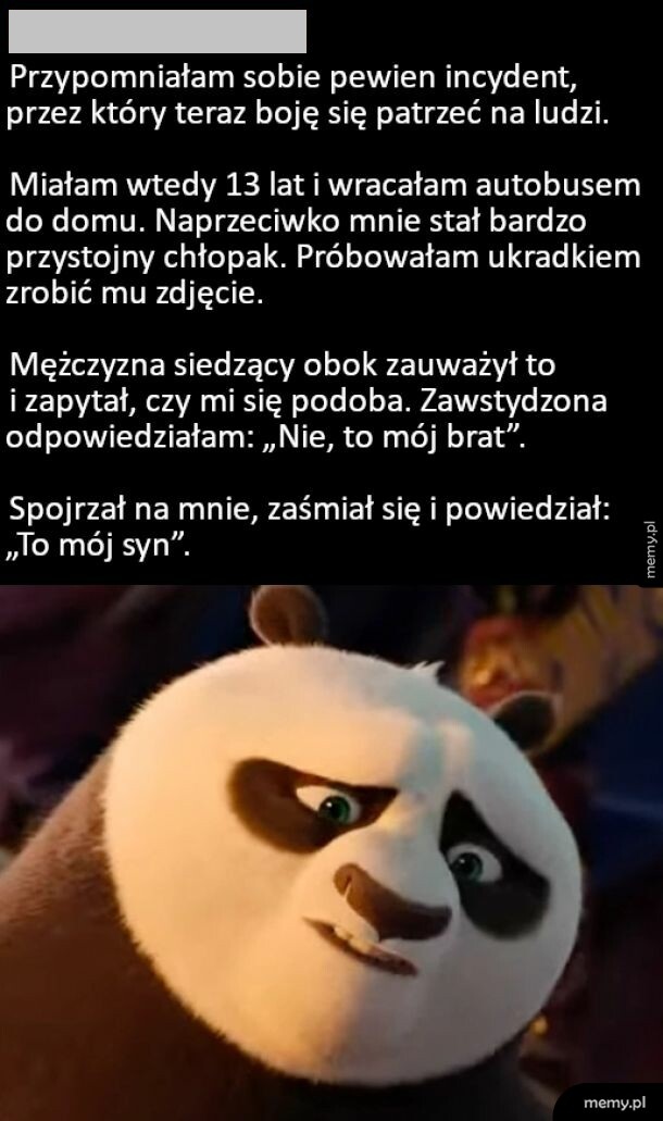 Tekst o niezręcznej sytuacji w autobusie i zaniepokojona panda z filmu Kung Fu Panda.