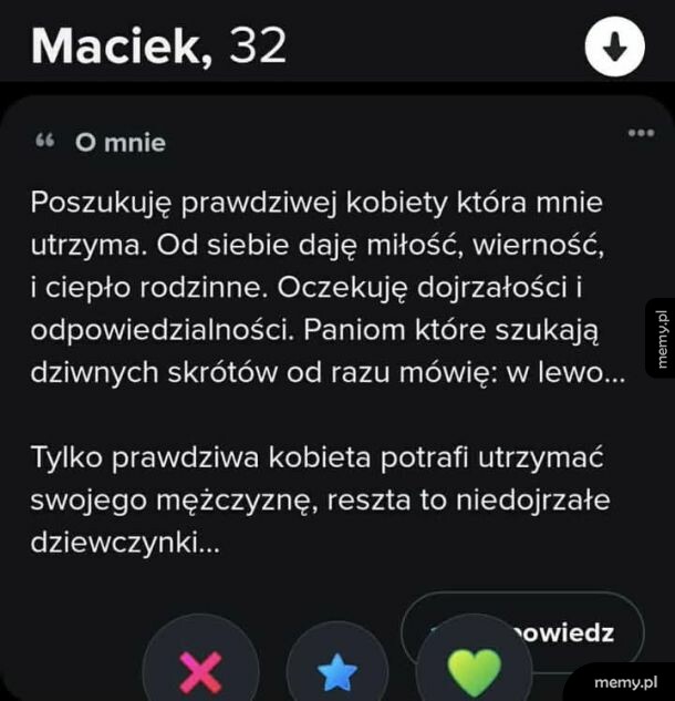 Profil randkowy mężczyzny poszukującego kobiety, która go utrzyma.