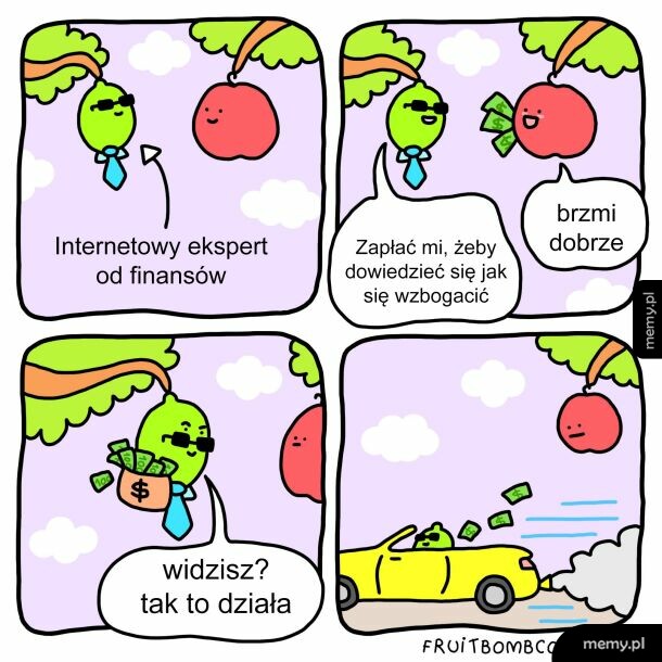 Komiks o zielonym owocu w okularach i krawacie pouczającym czerwone jabłko o finansach.