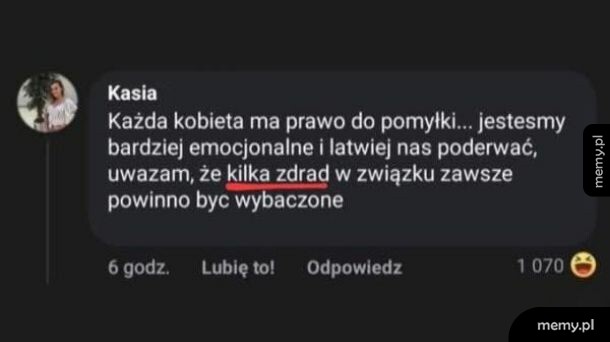 Zrzut ekranu komentarza użytkowniczki Kasi na temat zdrady w związku.