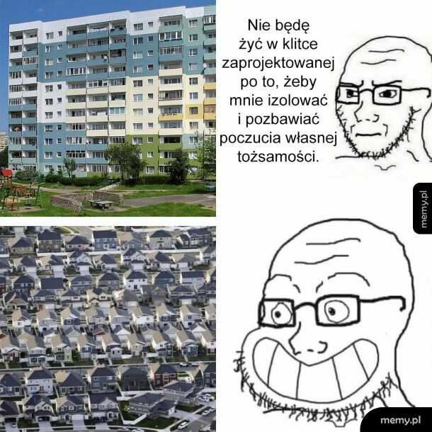 Meme z blokowiskiem i amerykańskim przedmieściem oraz postaciami typu Wojak