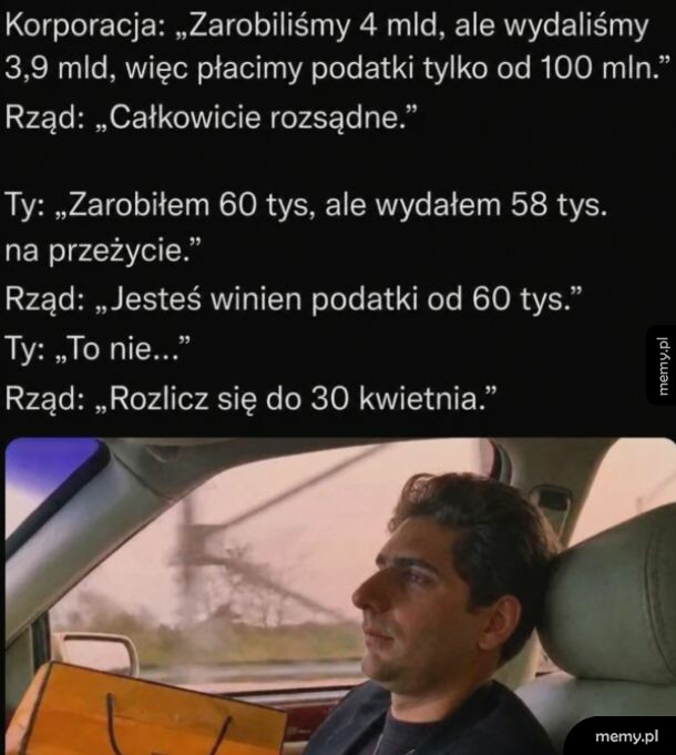 Mem z kadrem z serialu Rodzina Soprano i tekstem o podatkach korporacji i obywateli.